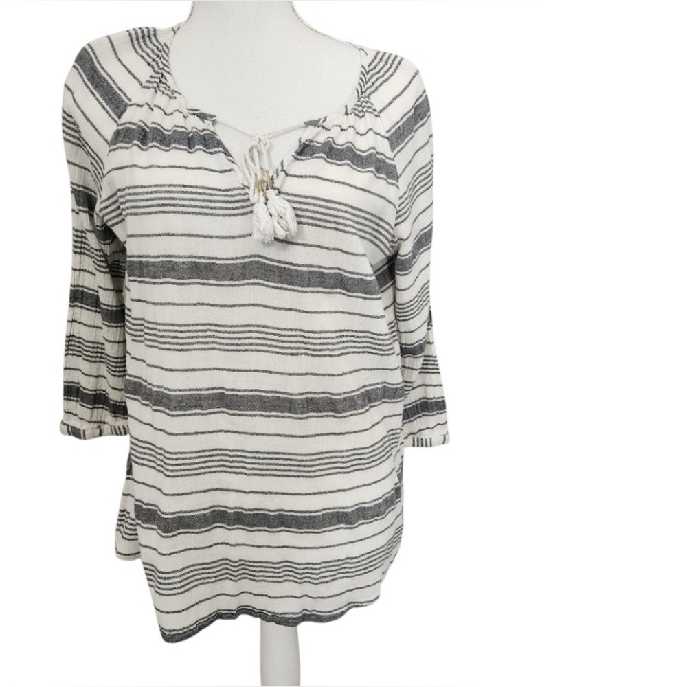 Merona White & Gray Tie Front 3/4 Sleeve Blouse Size Small